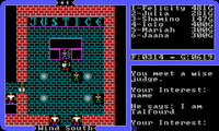 Screenshot of Ultima IV depicting a conversation with a druid in a court room.