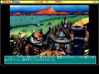 FM Towns screenshot from Ultima III of a man conversing with a woman against a panoramic backdrop. Japanese text appears at the bottom.
