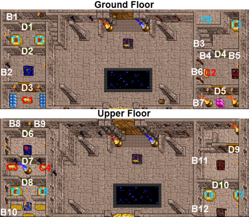 Graphic of an overhead view of two floors, each with a variety of small chambers. The floors, walls and stairs are made of stone. There are various medieval flavorful additions, such as braziers, torches and obelisks. Various rooms, teleporters, chests and pedestals are labeled.