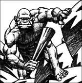 Drawing of a cyclops climbing among boulders carrying a club