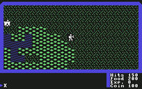 Screenshot of Ultima I, featuring tile graphics of a player venturing in the wilderness. A castle and river can be seen in the distance.