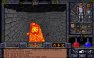 Flying over a lava chasm in Ultima Underworld II