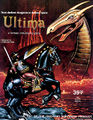 Box cover titled "Ultima I". Some minor text reveals credits and technical information. A colorful drawing of a huge dragon rising out of a body of lava, facing a mounted, armour clad warrior features in most of the view.
