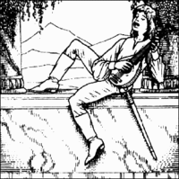 A bard lazily resting on what appears to be a marble platform and pillar playing a lute