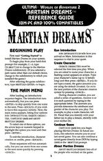 A cover of a booklet for the "Martian Dreams™". It is clearly marked as a "REFERENCE GUIDE" and giving "Ultima® Worlds of Adventure 2" as an alternate title. It is designated for "IBM-PC" (sic) and Tandy compatibles. Normal sized text, beginning the content of the publication follows.