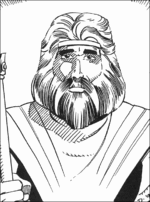 Black and white drawing of a bearded man carrying a staff.