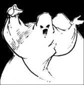 Black and white drawing of a floating ghost made of white sheets, against a simple, abstract, monochrome background.