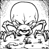 Black and white drawing of a two-legged creature facing forward with a large head, sharp claws and two large fangs.