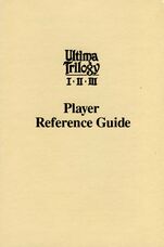 A yellow cover of a booklet saying "Ultima Trilogy I II III" and "Player Reference Guide" below.