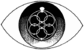 a black and white illustration of an eye with a design of eight interconneted rings reflected in its pupil