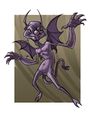Drawing of a purple creature with leathery wings and a mischievous grin.