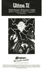 Scan of the cover of the "Ultima VI Reference Card" for "IBM-PC" (sic) and "Tandy compatibles", including including a black and white drawing of 3 gargoyles apparently subjected to lightning bolts from an ankh.