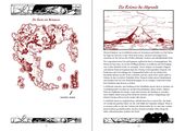 Monochrome pages of a book written in German depicting a map and a volcano. Motifs adorn the periphery.