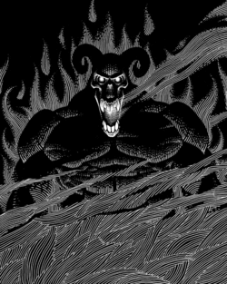 Grayscale of a daemon bearing its teeth, surrounded by flames.