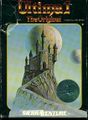 Scan of a damaged box cover of "Ultima™ I The Original". A colorful drawing of a castle on top of a very steep cliff covers most of the view. It is served by a treacherous, winding ramp. Two very large astral bodies can be seen in the sky.