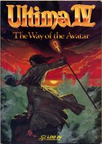 Cover of a book titled "Ultima IV Way of the Avatar". A drawing of a man on a rocky point confronts a stormy sea holding a staff with an ankh filial is included.