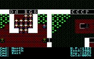 Ultima II screenshot depicting a room marked "DA KGB" full of guards and a rocket ship to the right.