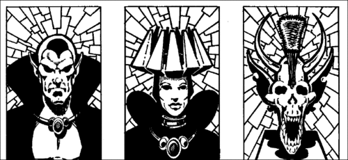 Three monochrome portraits of stern-looking creature with a cape, collar and pointed ears, a large headdress or crown, and the skull of some kind of horned animal.