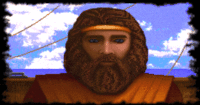 Screenshot from Ultima Underworld of an FMV of a portrait of a bearded man.