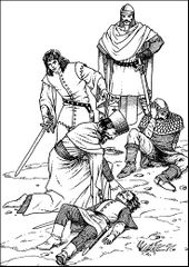 An illustration showing several medieval-era figures around a man lying unconscious on the ground. One figure kneels beside the unconscious man, appearing to administer aid, while another stands over them, looking concerned. Two other figures are in the background; one is seated, holding his head, and another stands observing.