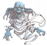 Drawing of a floating, blue ghost, with red eyes and bandages loosely wrapped around its body.