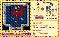 Screenshot from Ultima VI of a party of adventurers standing near a platform on which a keyboard instrument rests. A man is playing it.