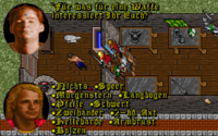 Screenshot from Ultima VII Part Two of the player conversing with a blacksmith in his shop, in German.
