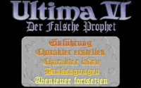 Screenshot of the title screen of "Ultima VI" in German. An option menu appears in the bottom.