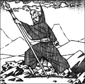 Monochrome drawing of a man wearing a cloak with a very high collar standing on rocky terrain and waving a staff, that appears to have some magical energy or smoke flowing from the head piece.