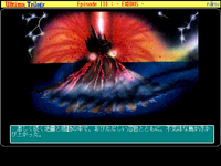 FM Towns screenshot from Ultima III of an erupting volcano. Japanese text appears at the bottom.