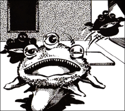 Black and white drawing of amphibian-looking creatures with 3 eyes and wide mouths.