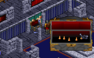Screenshot from Ultima VIII of a character standing in front of an open chest, in a structure with stone floors and walls. Some of the walls are adorned with tapestries or plaques. A large depiction of the contents of the chest appears inset.