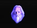 High resolution graphic with blue shading of a portrait of a man with long white hair and beard.