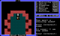 Screenshot from Ultima IV of the stranger conversing with an ankh.