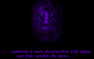 Graphical blue and black portrait of a man with a beard. Subtitles of his monologue can be seen below him.