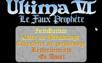 Screenshot of the title screen of Ultima VI including the title menu. All text is in French.