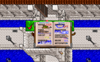 Screenshot from Ultima VII Part Two, taking place on a bridge around a stone moat, with a large, German spellbook inset. It includes a number of spells which are accompanied by runic text and images depicting their effects.