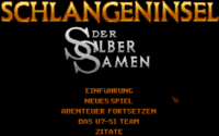 Screenshot of the title screen of Ultima VII Part Two in German. All that appears on the screen is text, in various fonts and colors.