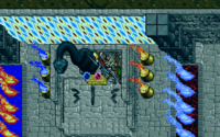 Screenshot from Ultima VII Part Two showing the party in a stone building, with a large, black statue of a snake with its head reared. Various ceremonial objects can be seen, such as vessels for fires and an alter. A wall illuminated in a variety of colors appears behind the statue.