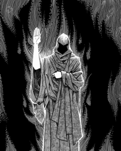 Grayscale of a faceless, robed figure with its hand held up.