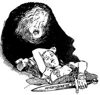 Black and white, shaded drawing of a ghostly figure hovering over someone who is sleeping while clutching a short sword.